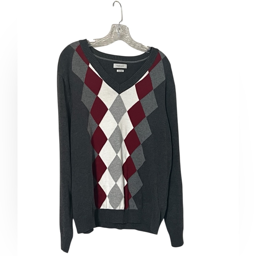 Van Heusen Mens 100% Cotton V Neck Argyle Sweater Size XL Gray/Red/White EUC